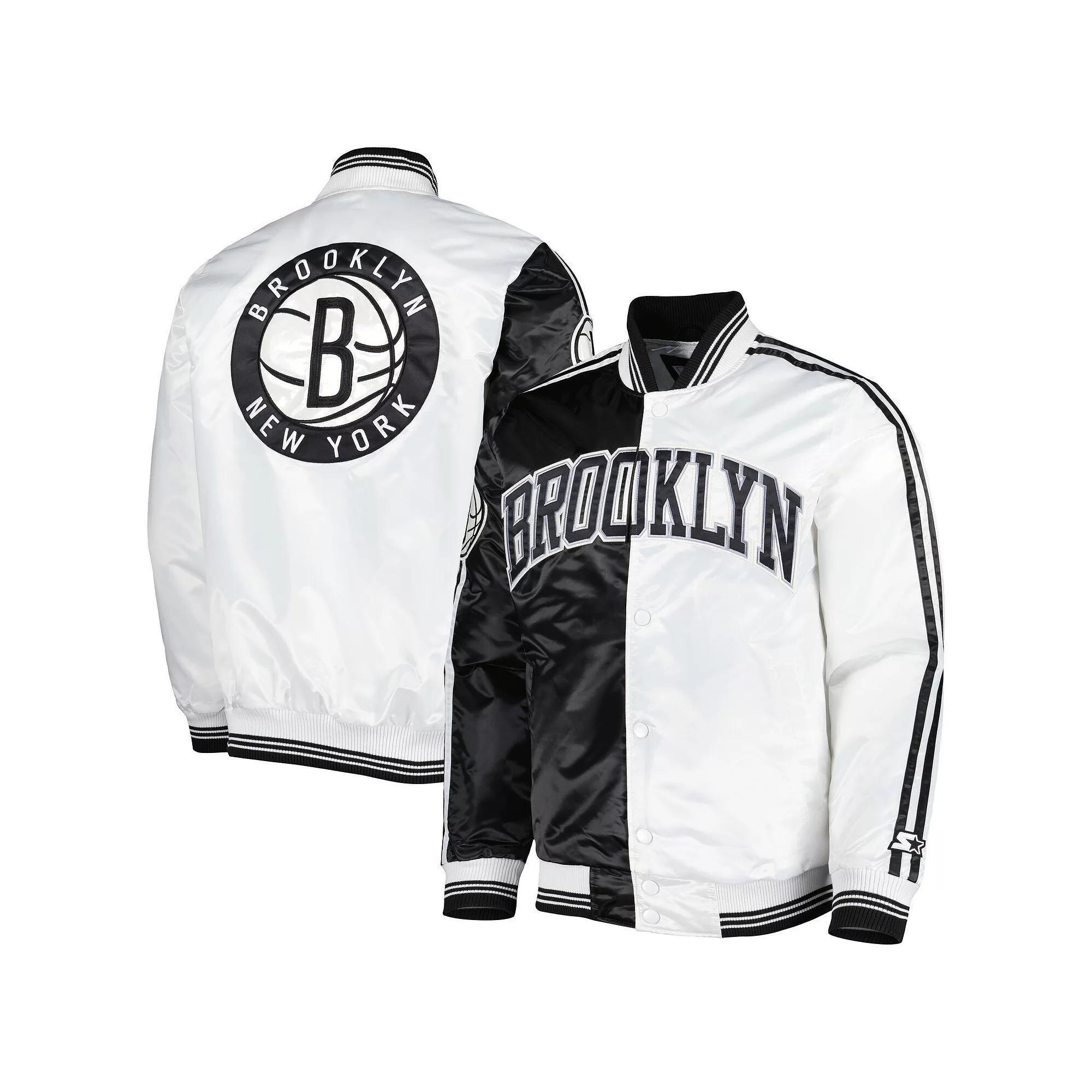 Men's Starter Black/White Brooklyn Nets Fast Break Satin Full-Snap Jacket,  Product Image