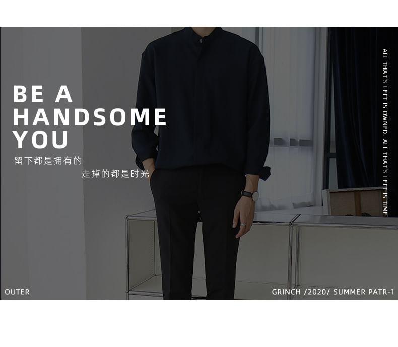 Long Sleeve Band Collar Plain Button Shirt Product Image
