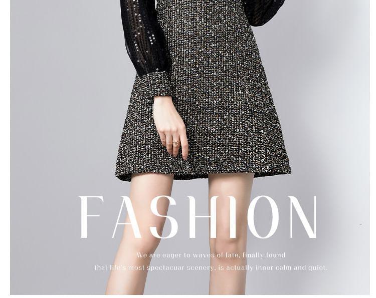 Long Sleeve Collared Sequined Tweed Mini A-Line Dress Product Image