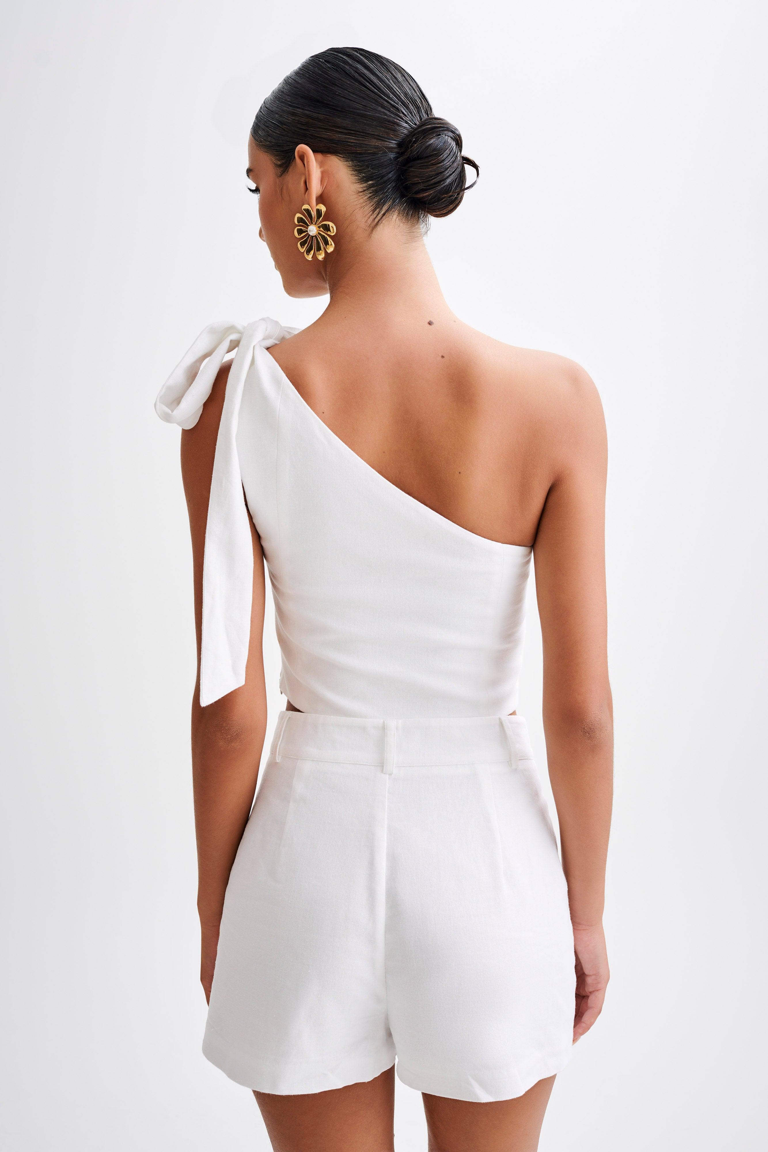 Venezia Linen One Shoulder Tie Top - White Product Image