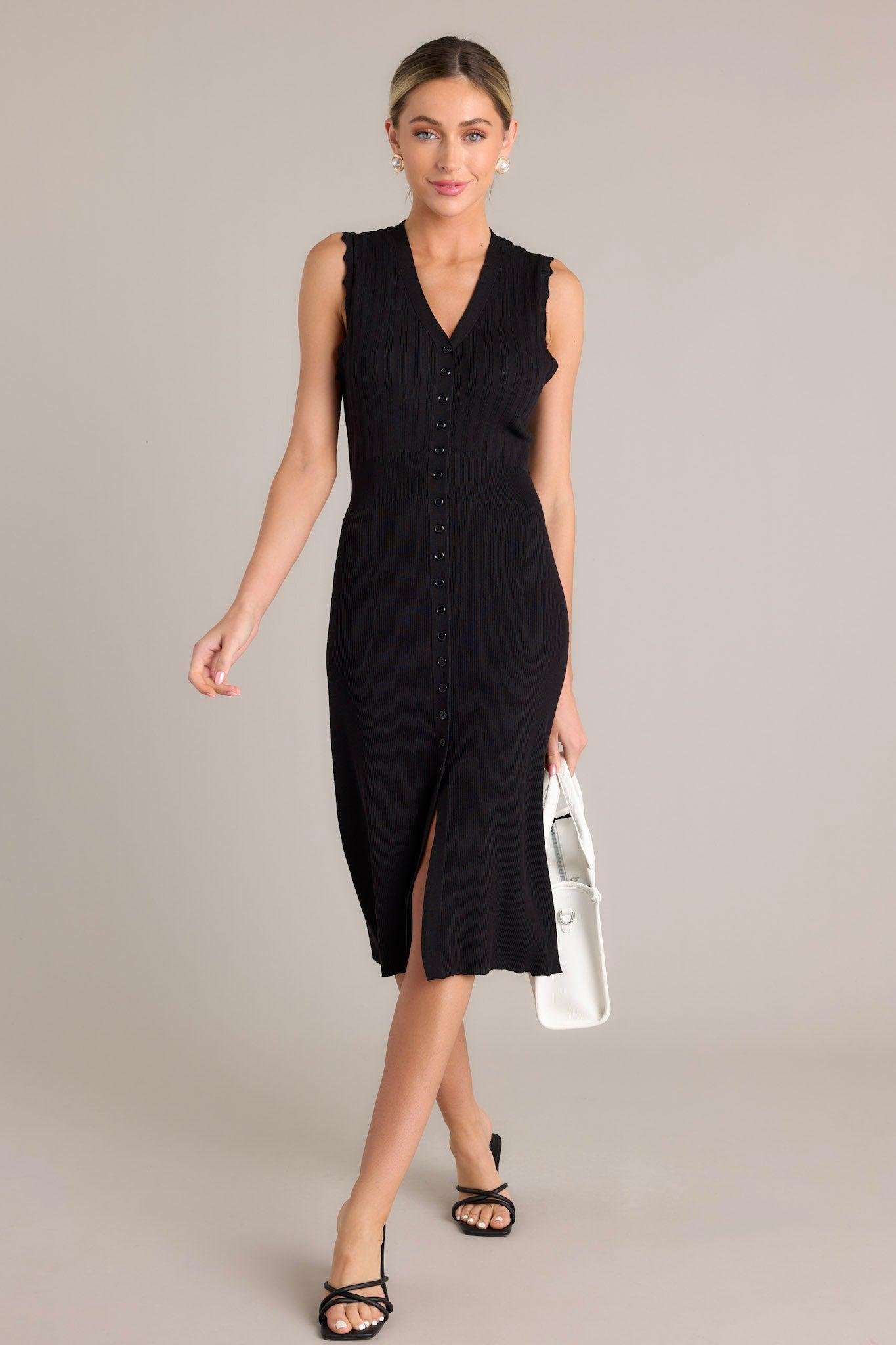 Moonlight Whisper Black Button Front Midi Dress Product Image