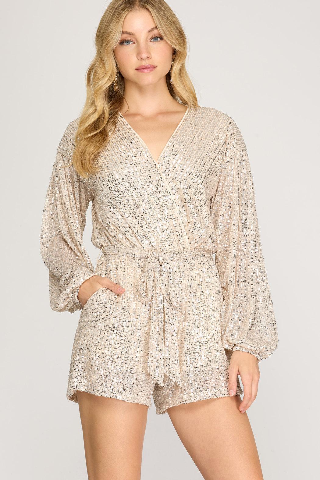 Long-Sleeve Sequin Romper Product Image
