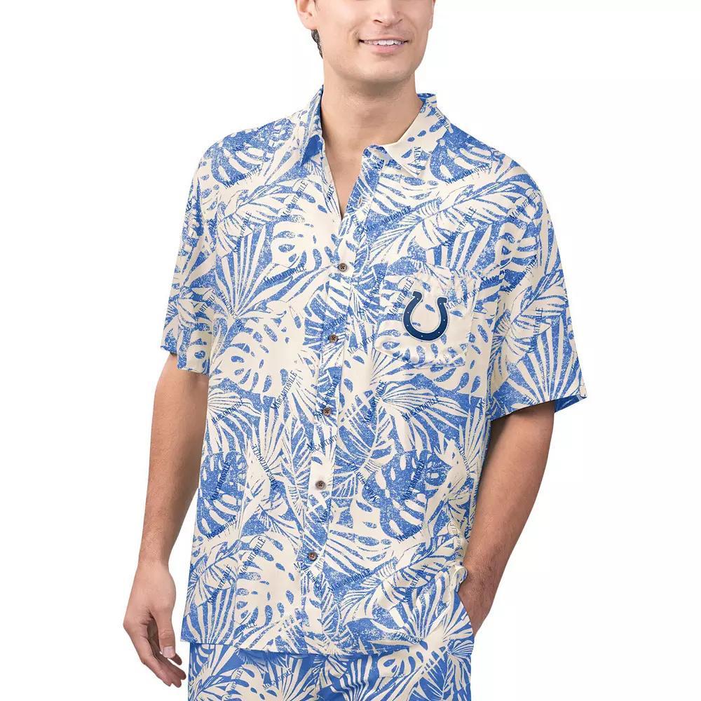 Men's Margaritaville Tan Indianapolis Colts Sand Washed Monstera Print Party Button-Up Shirt, Size: Medium, Team Product Image