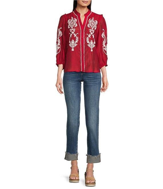 Calessa Embroidered Split Ruffle V-Neck Shoulder 3/4 Sleeve Button Front Tunic Product Image