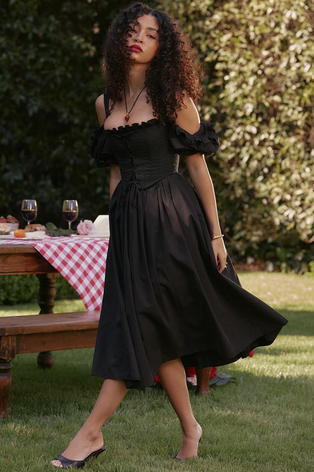 Silvana Black Puff Sleeve Midi Sundress Product Image