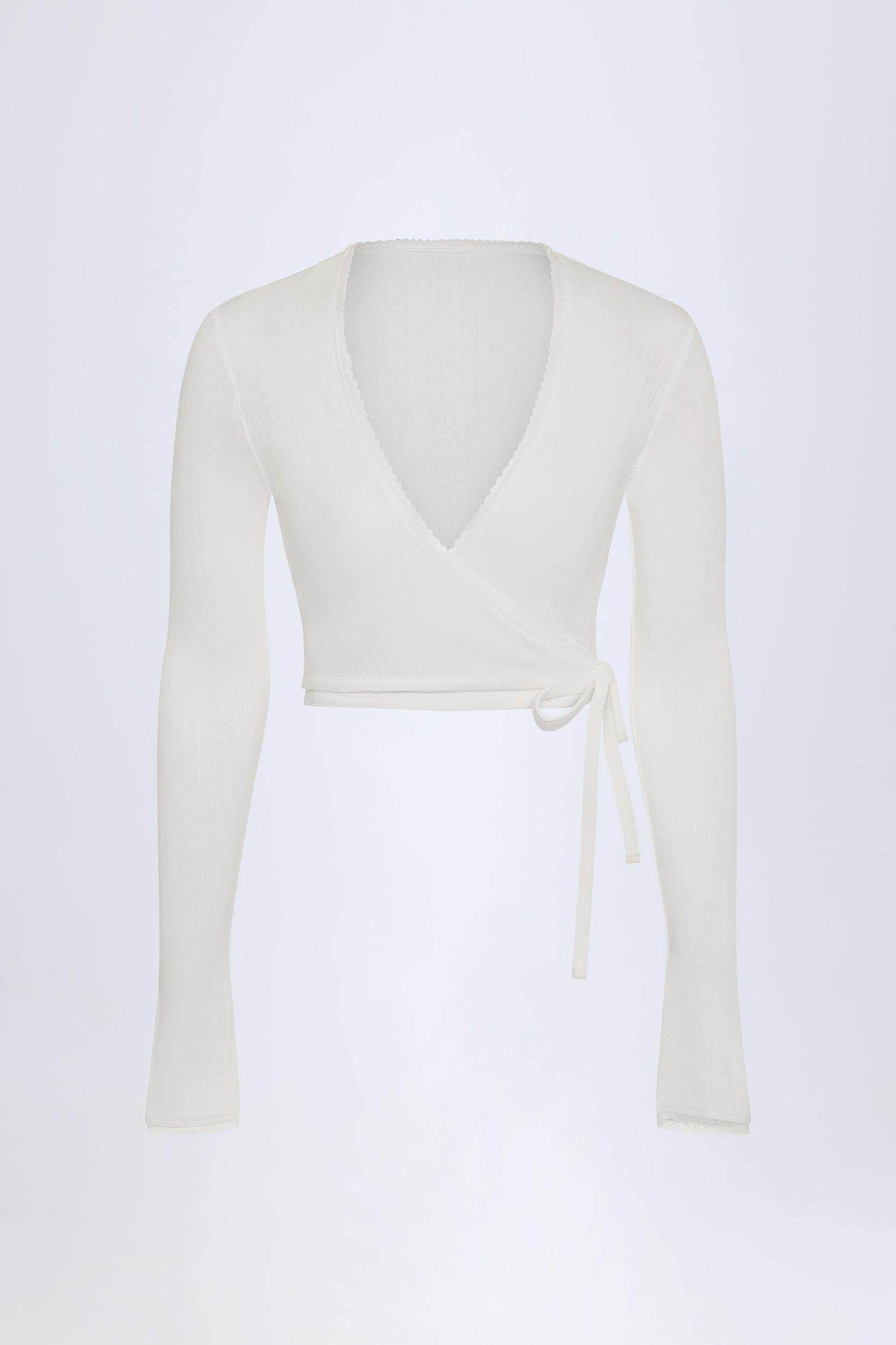 Pointelle Wrap Crop Top in White Product Image