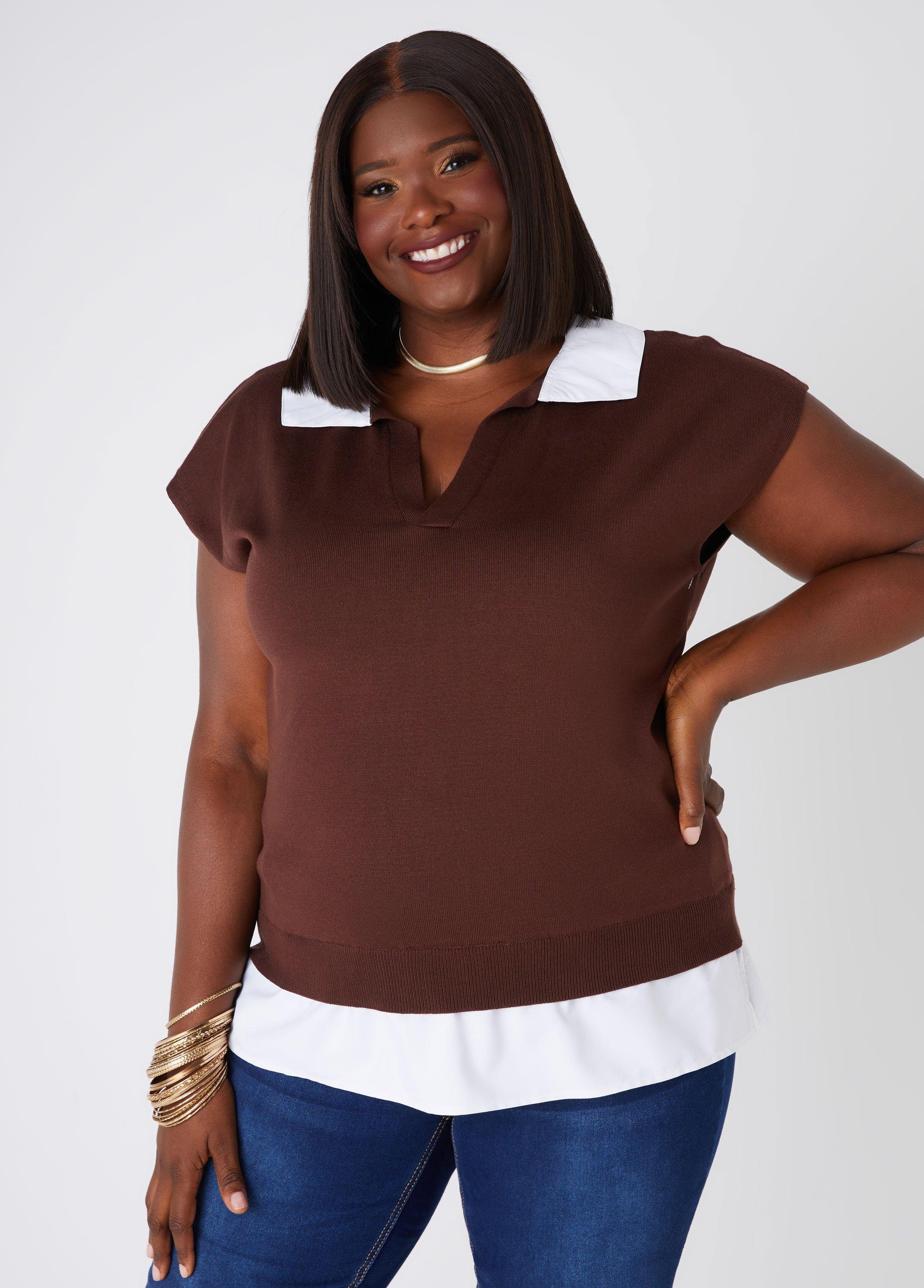 Plus Size Poplin Paneled Sweater, - Ashley Stewart Product Image