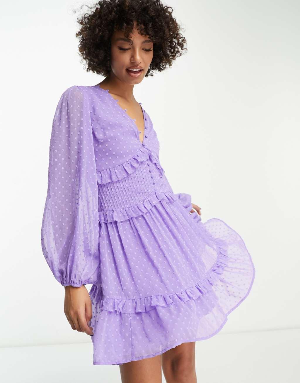 ASOS DESIGN Tall button through pintuck mini textured dress in purple Product Image