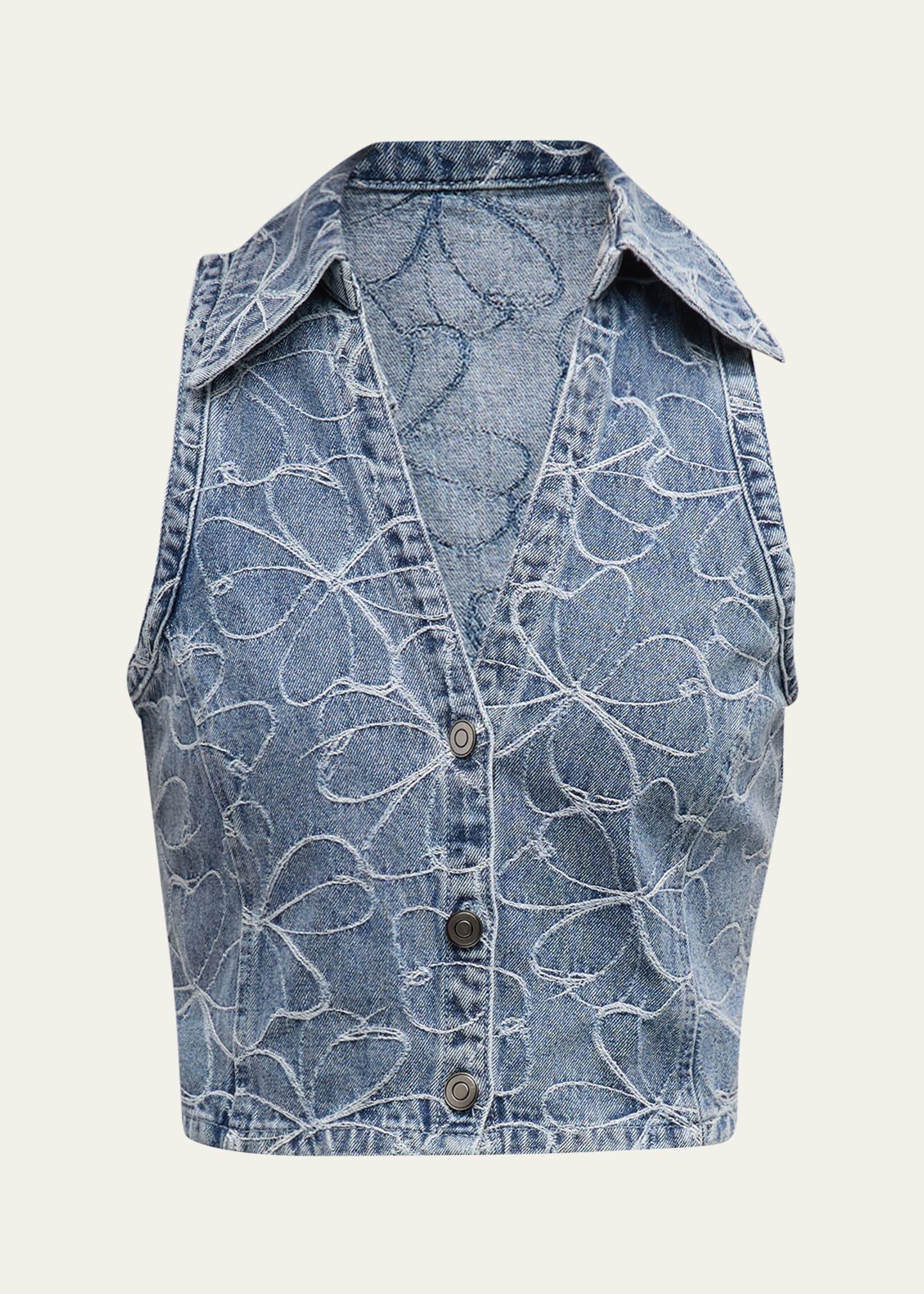 Deacon Floral-Embroidered Denim Vest Product Image