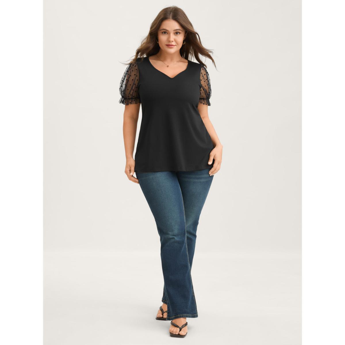 Plus Size Stretchy Sheer Textured Sleeve Solid T-Shirt Black Women Romantic See through Asymmetrical Neck Bodycon Elegant T-shirts BloomChic 28/5X Product Image