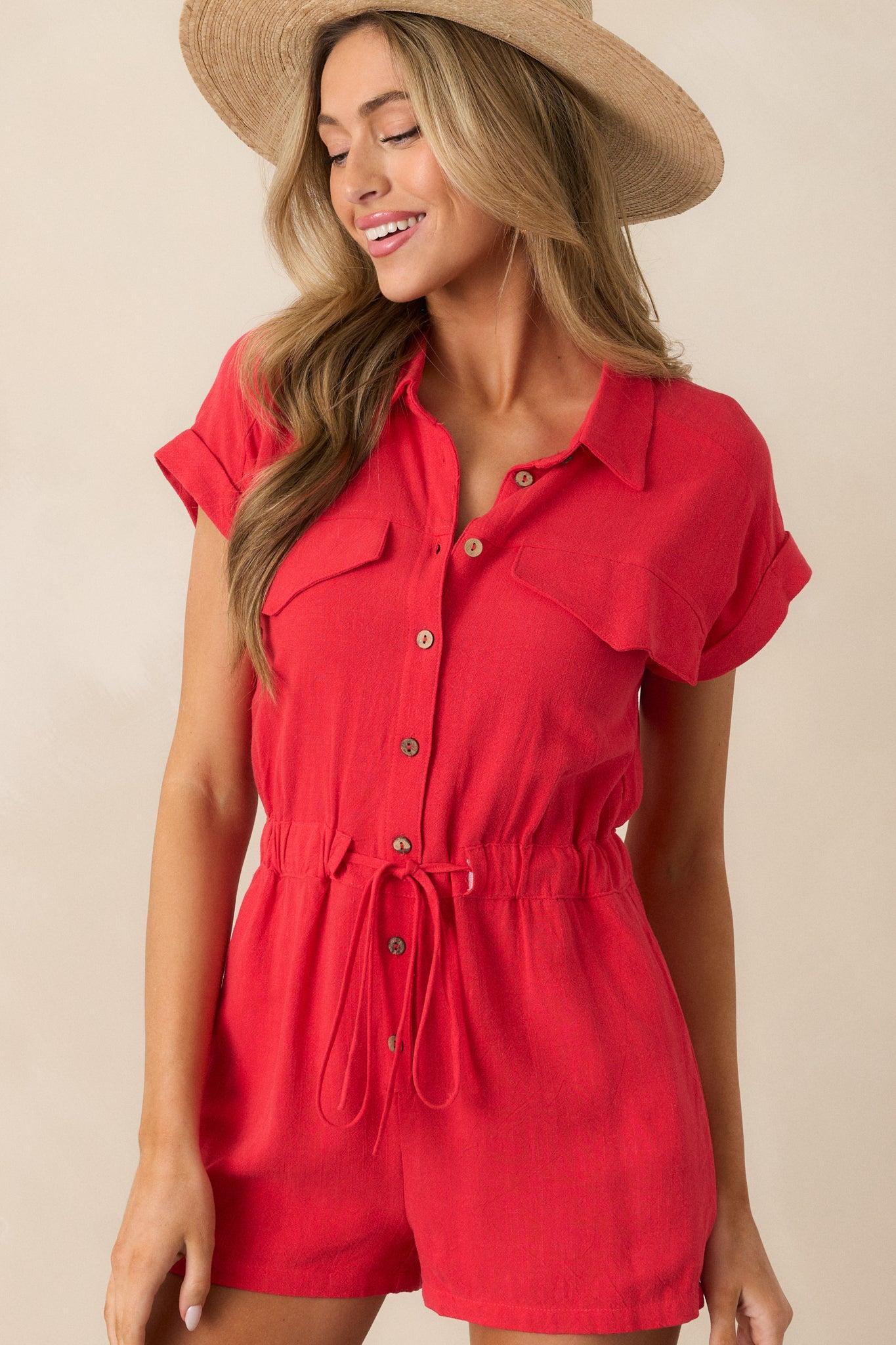 Dazzling Daybreak Red Button Front Romper Product Image