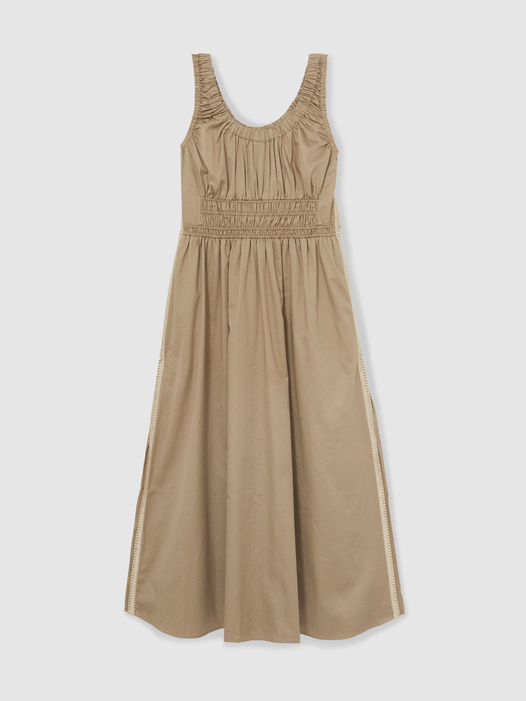 Petite Cotton Craft-Stitch Shirred Midi Dress in Khaki Product Image
