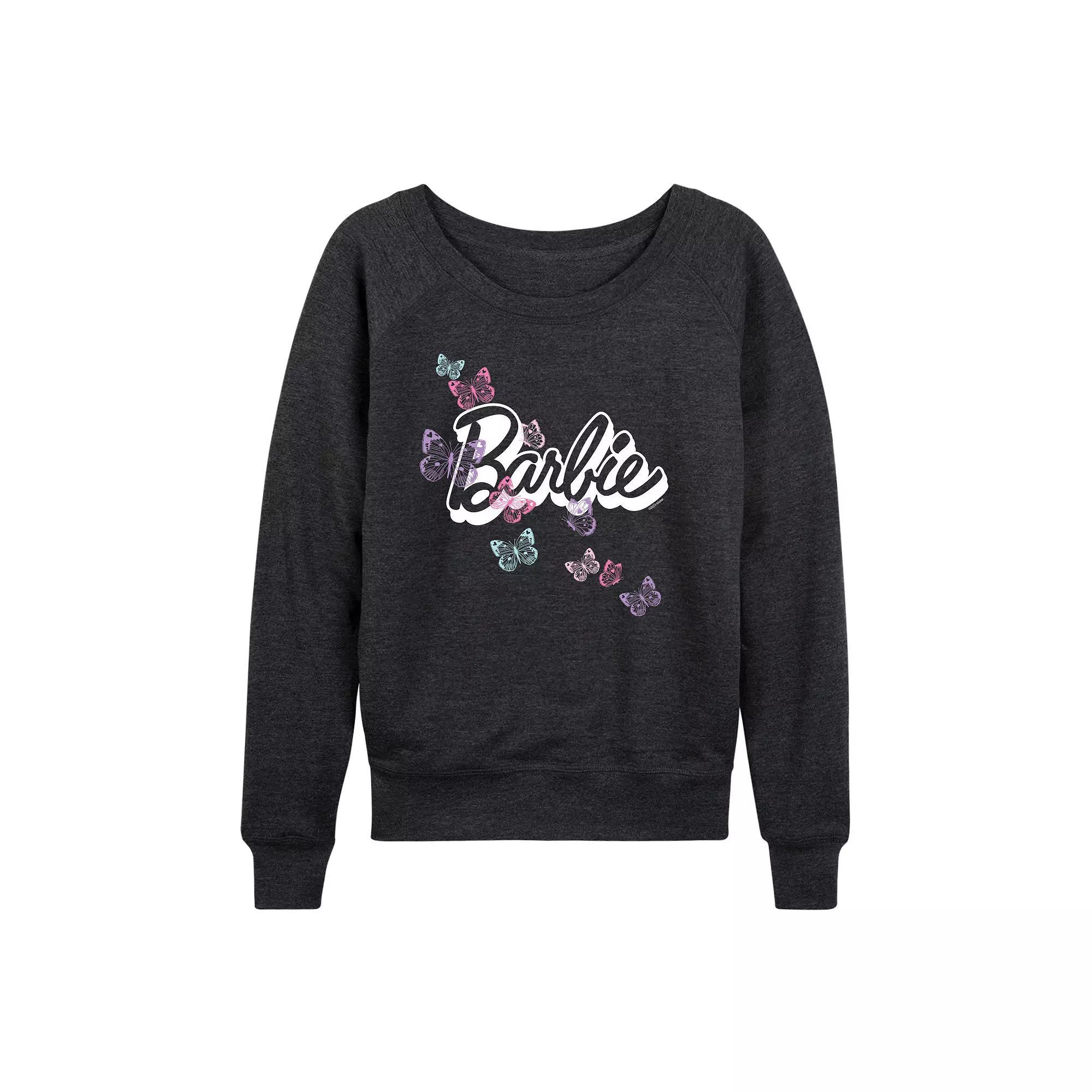 Women's Barbie® Butterfly Logo French Terry Long Sleeve Tee, Girl's, Size: Medium, Heather Grey Product Image