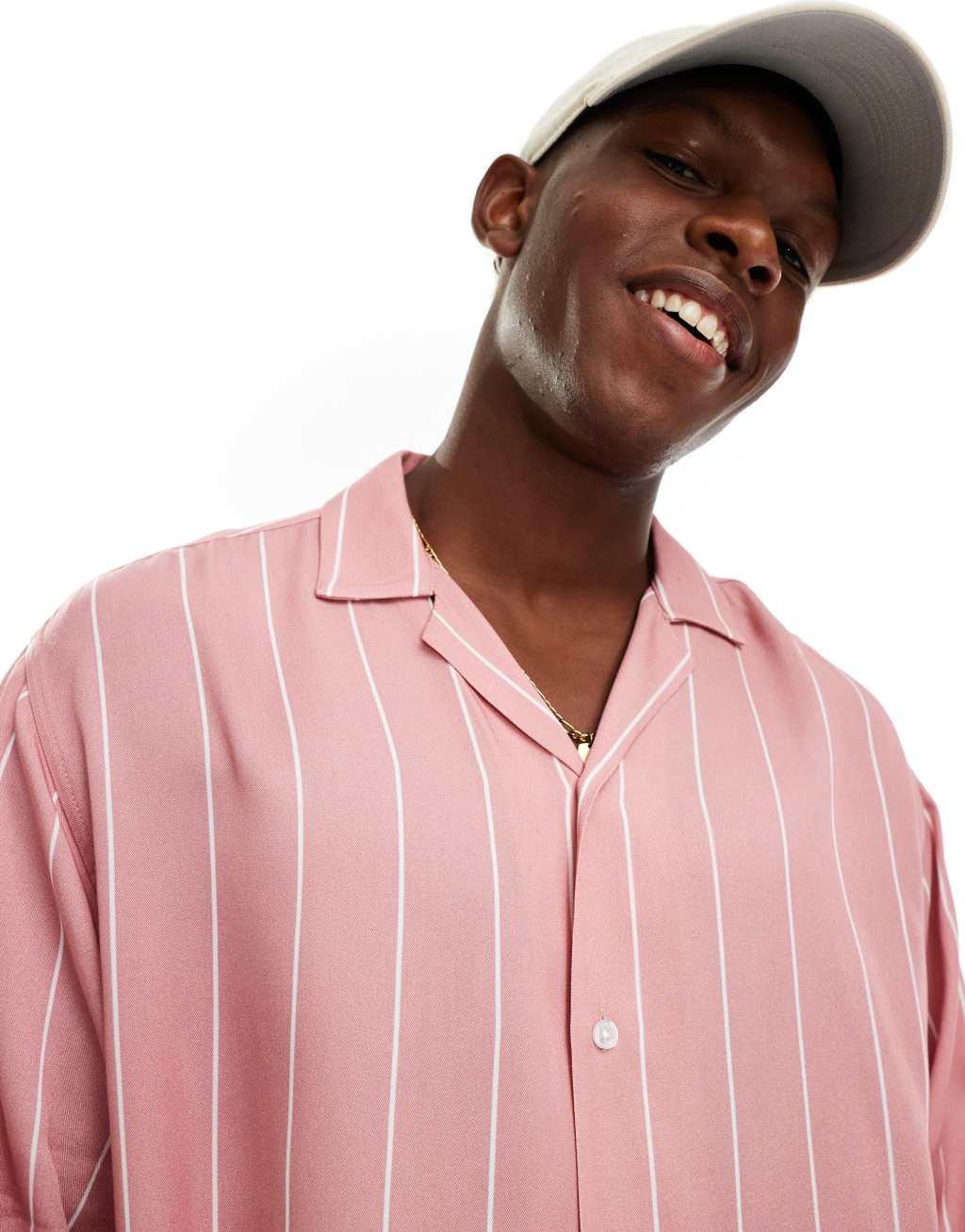 ASOS DESIGN oversized boxy shirt with revere collar in pink stripe  Product Image