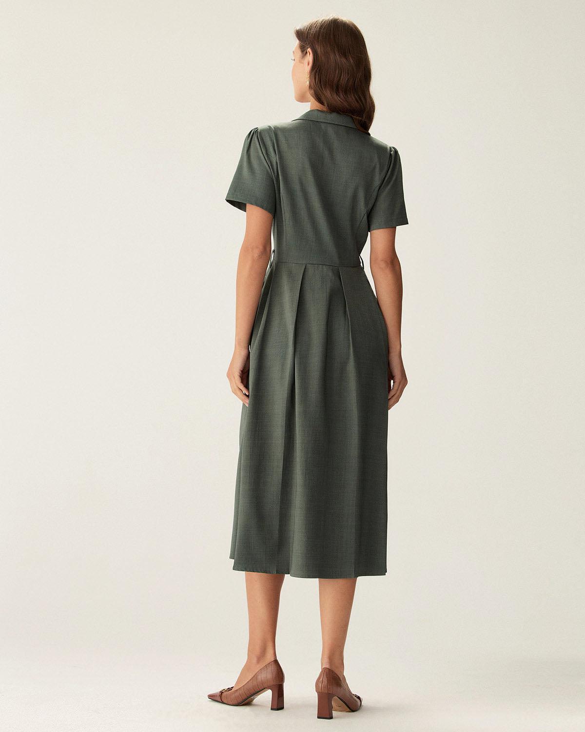Green V Neck Pleated Button Midi Dress Product Image