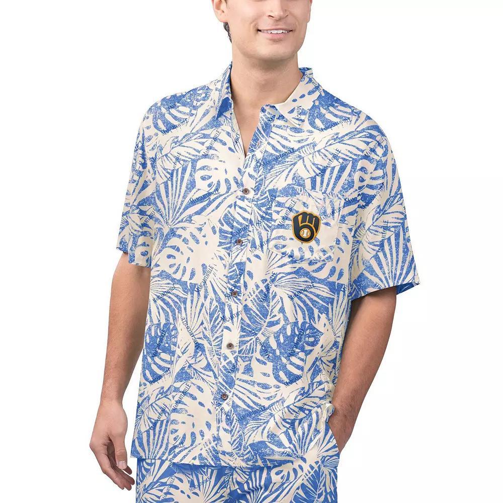 Men's Margaritaville Royal Milwaukee Brewers Monstera Print Party Button-Up Shirt, Size: XL, Blue Product Image