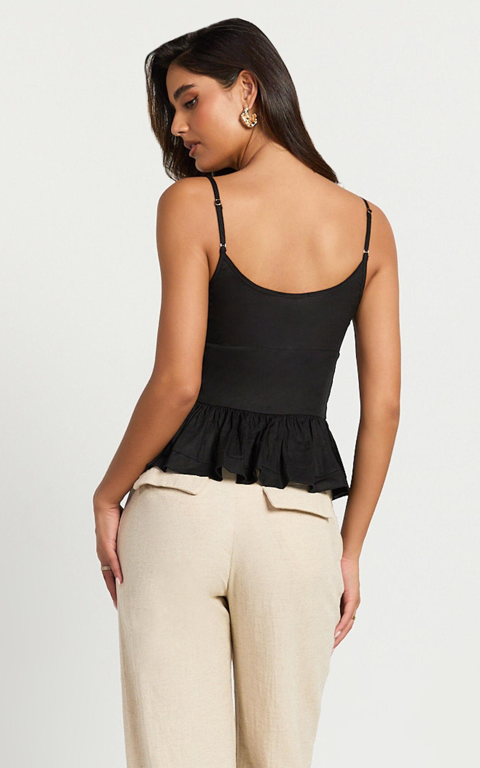 Maya Top - Linen Tie Front Ruffle Hem Top in Black Product Image