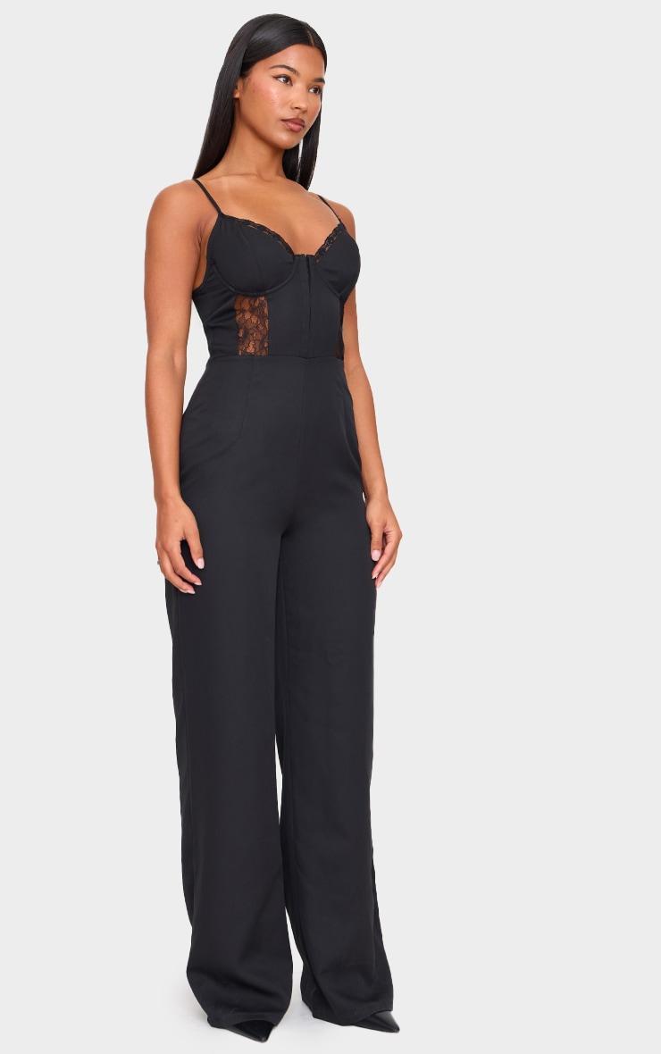 Black Woven Corset Lace Panel Strappy Jumpsuit Product Image