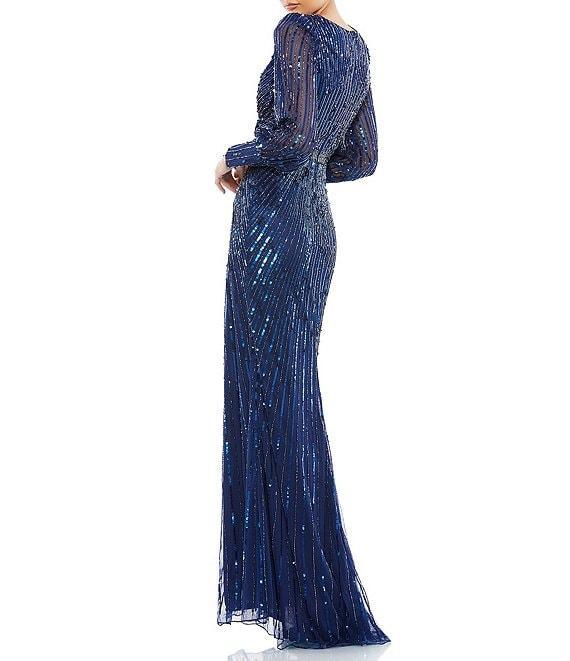 Mac Duggal Sequin Surplice V-Neck Long Bishop Sleeve Wrap Over Gown Product Image
