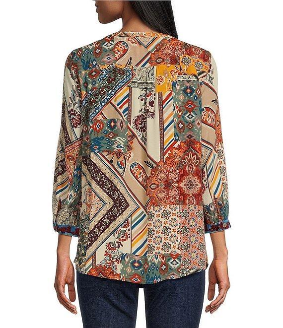 John Mark Woven Embroidered Split V-Neck 3/4 Sleeve Tunic Product Image