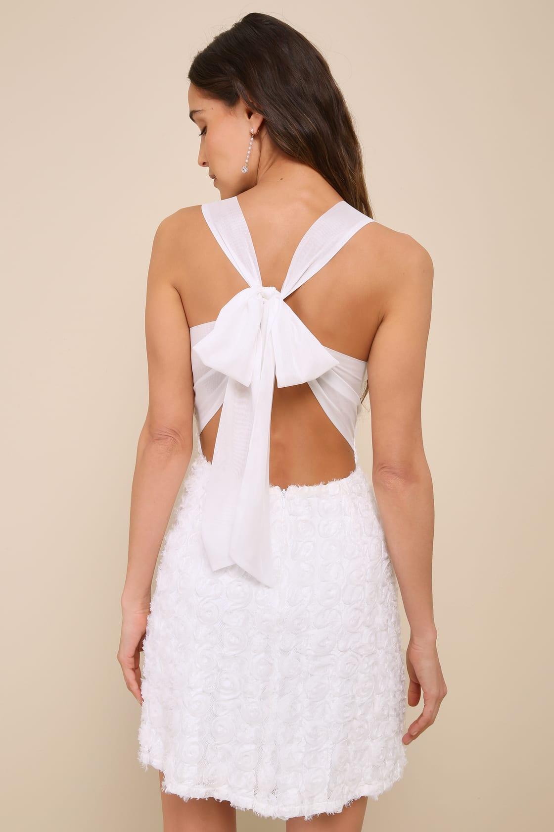 Delicate Wonder White 3D Floral Tie-Back Sleeveless Mini Dress Product Image