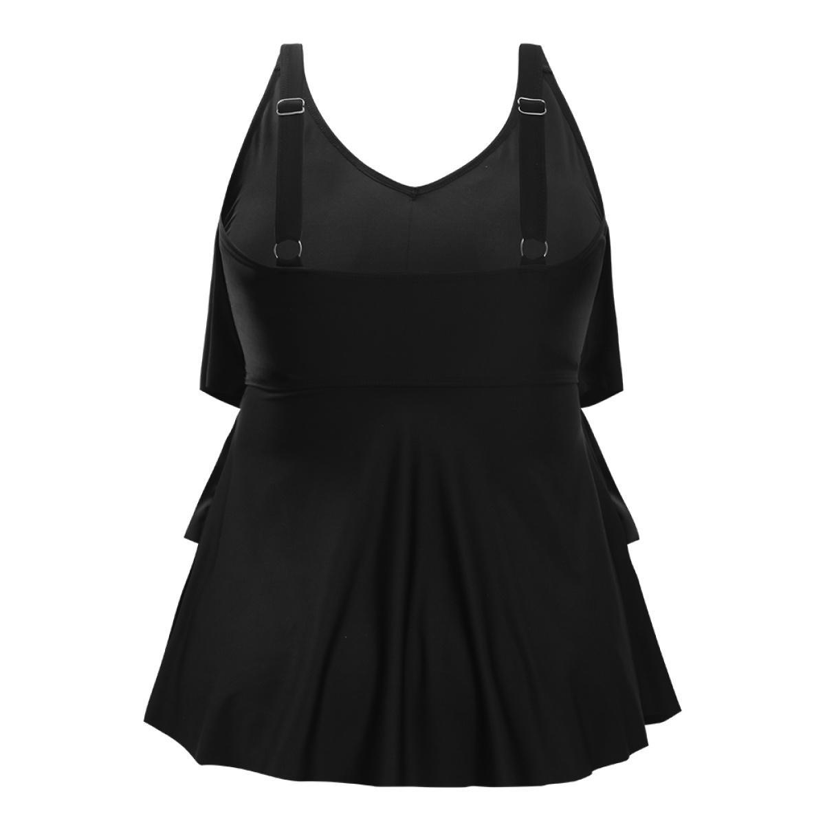 Plus Size Adjustable Straps Asymmetrical Ruffle Tiered Tankini Top Women's Swimwear Black Vacation Adjustable Straps High stretch Bodycon V-neck Curve Swim Tops BloomChic 28/5X Product Image