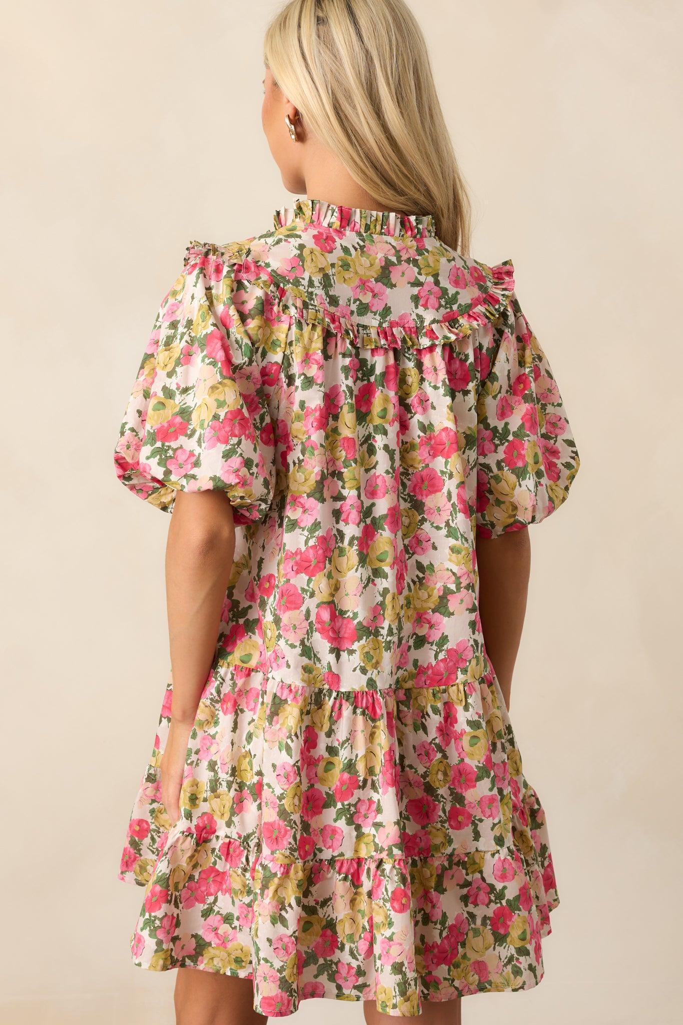 Botanical Garden Date Cotton Pink Puff Sleeve Mini Dress Product Image