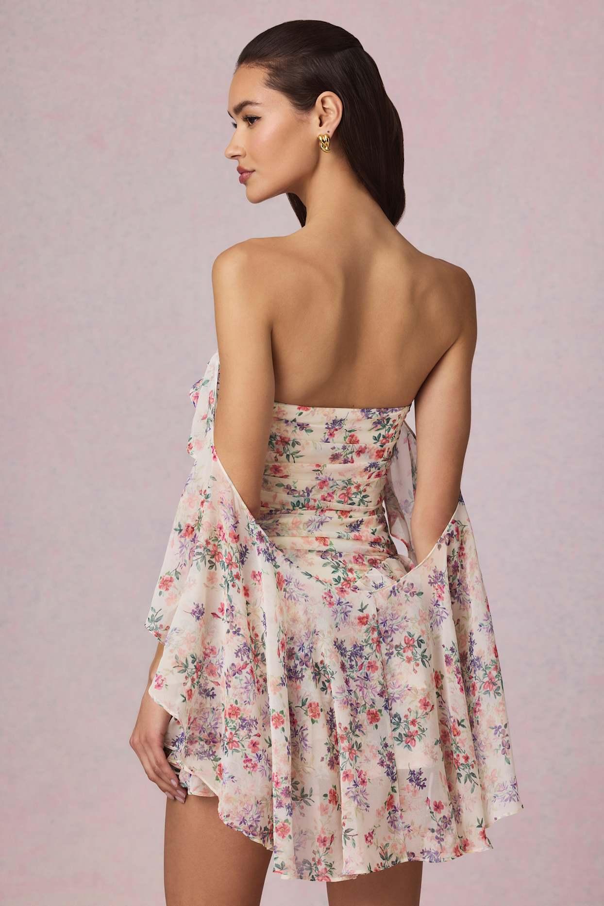 Off-Shoulder Ruffled Mini Dress in Primrose Floral Print Product Image