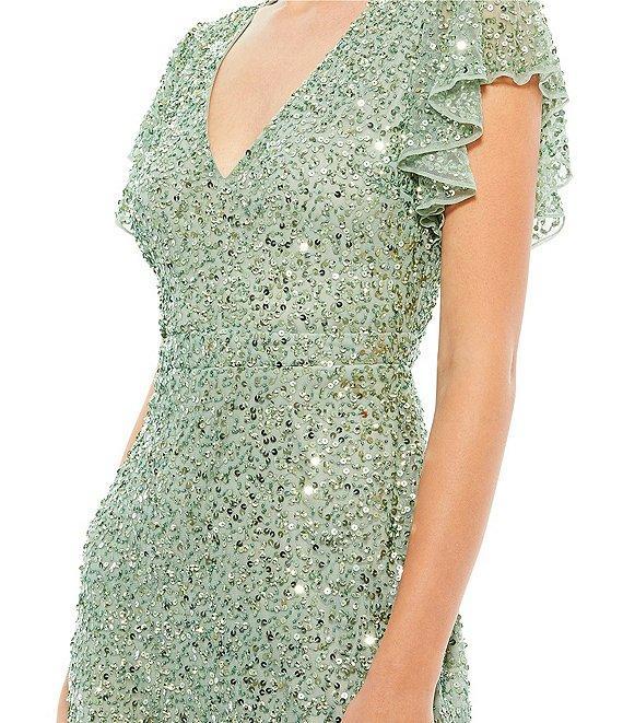 Mac Duggal Sequin V-Neck Flutter Short Sleeve Sheath Mermaid Midi Dress Product Image
