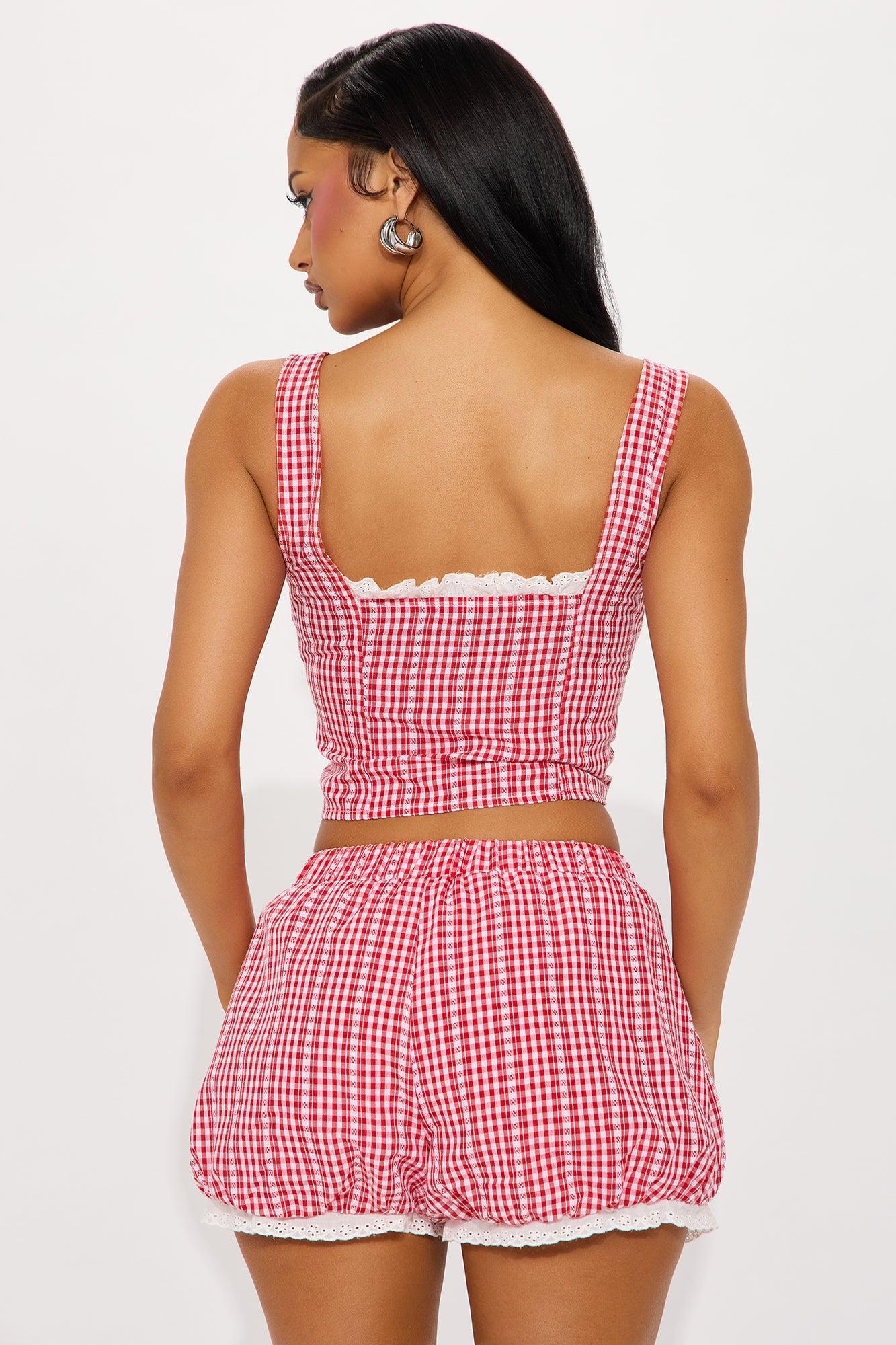 Gia Gingham Bubble Hem Short Set - Red/combo Product Image