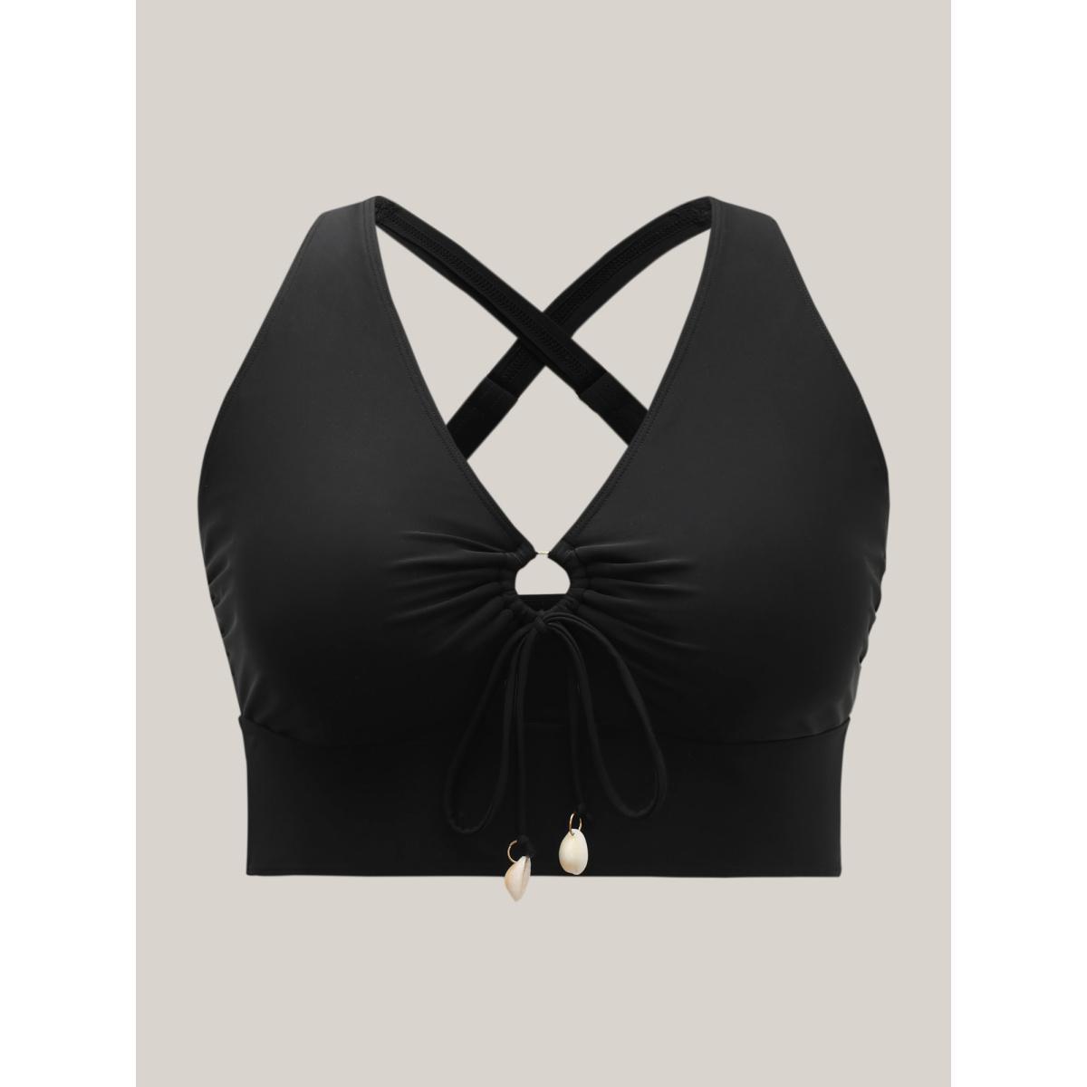 Plus Size Knotted Keyhole Crossstraps Swim Top Women's Swimwear Black Resort Tie knot High stretch Skinny V-neck Curve Swim Tops BloomChic 30/6X Product Image