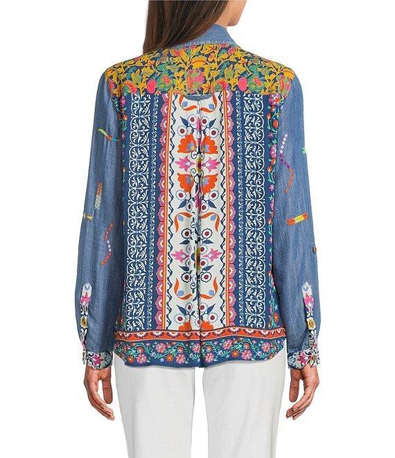 John Mark Embroidered Printed Point Collar Long Roll-Tab Sleeve Button-Front Top Product Image