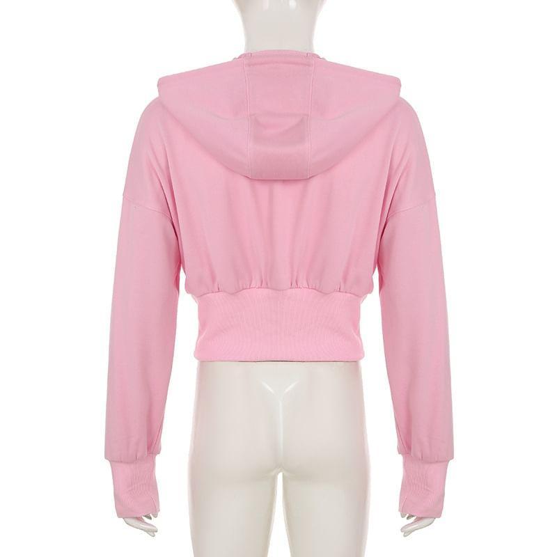 Drawstring Plain Zip-Up Cropped Hoodie Product Image