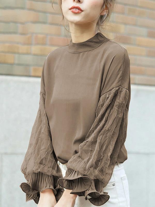 Simple Solid Color Puff Sleeve Mesh Splicing Chiffon Shirt Product Image