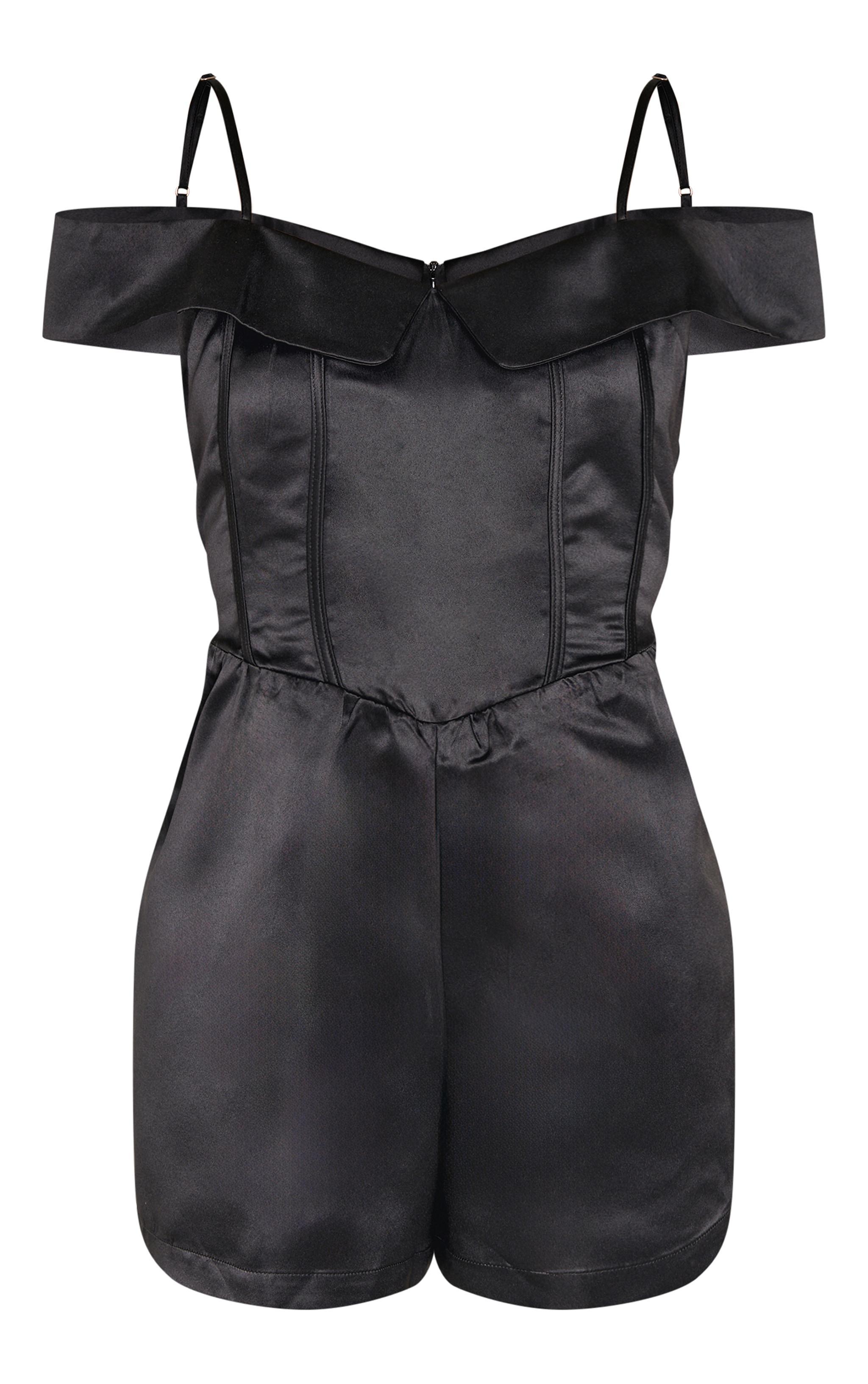 Black Structured Satin Bardot Floaty Romper Product Image