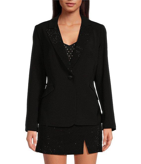 Skies Are Blue Woven Rhinestone Notch Collar Neck Long Sleeve Button Front Blazer Product Image