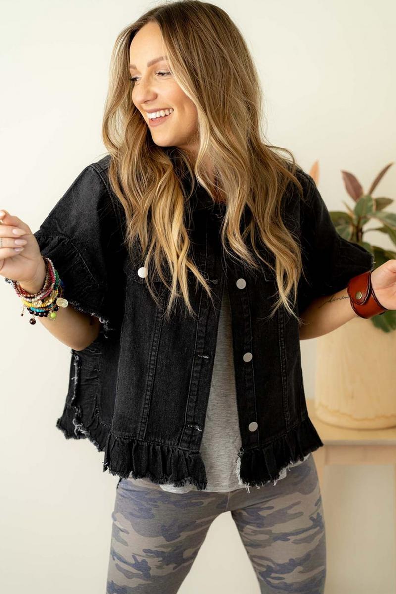 Raw Edge Ruffled Short Sleeve Denim Jacket Product Image