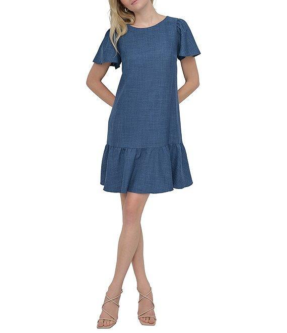 DKNY by Donna Karan Woven Crew Neck Short Sleeve Flutter Hem Shift Mini Dress Product Image