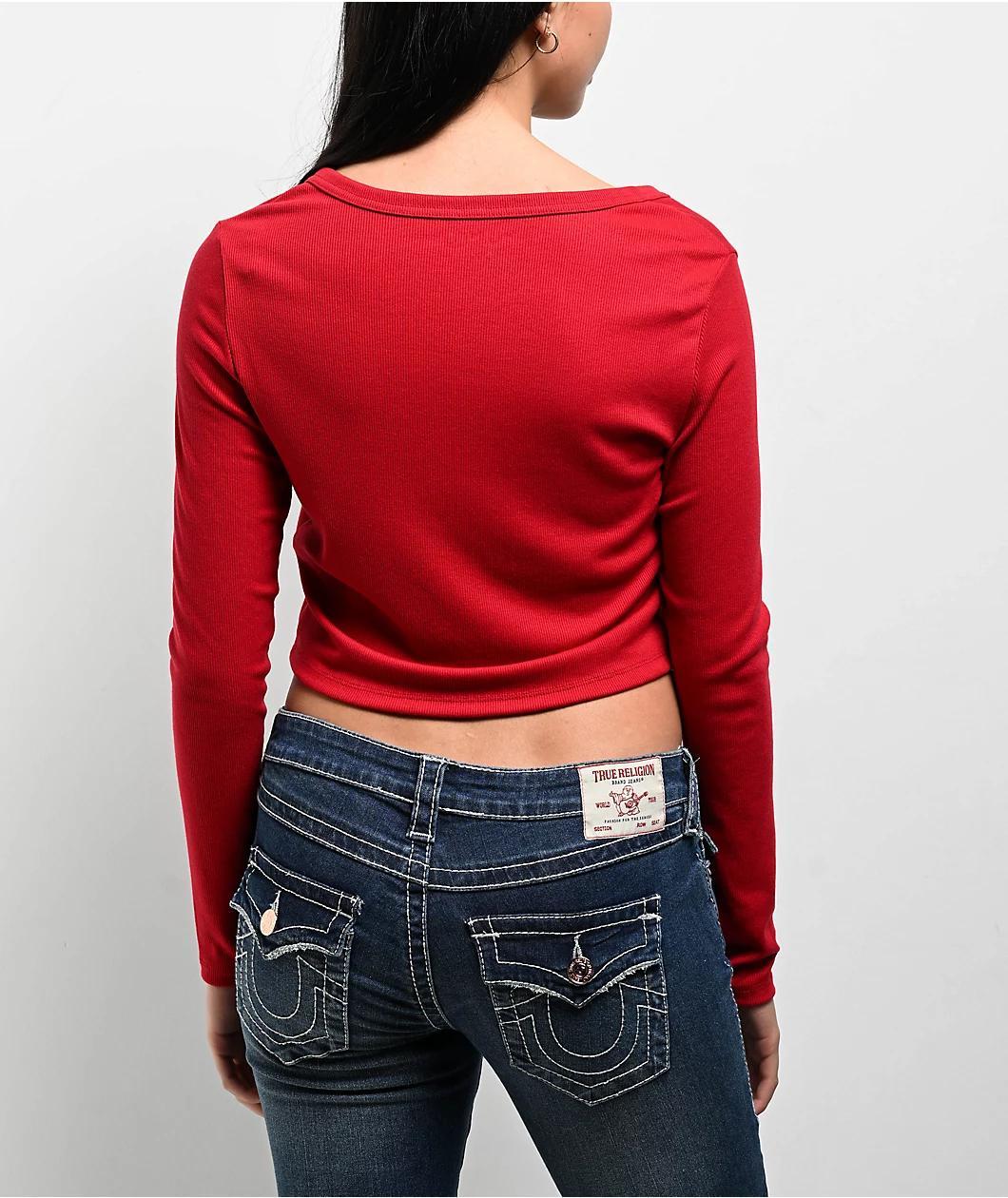 True Religion Horseshoe Logo Rib Rio Red Long Sleeve Crop T-Shirt Product Image