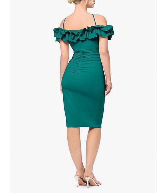 Xscape Scuba Crepe Off The Shoulder Halter Neck Ruffle Trim Pleated Dress Product Image