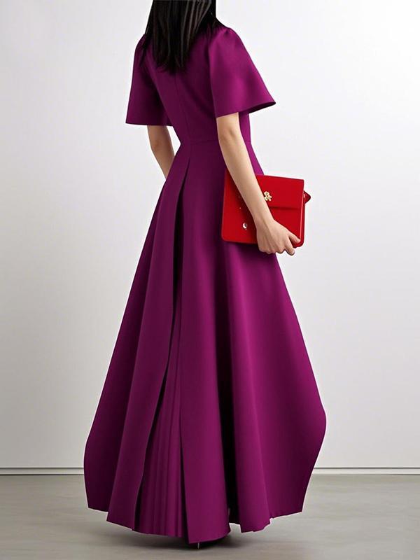A-Line High Waisted Pleated Solid Color Split-Joint Round-Neck Maxi Dresses Product Image