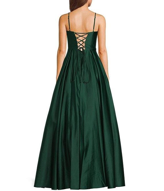Blondie Nites Satin V-Notch Front Spaghetti Strap Tie Back Gown Product Image