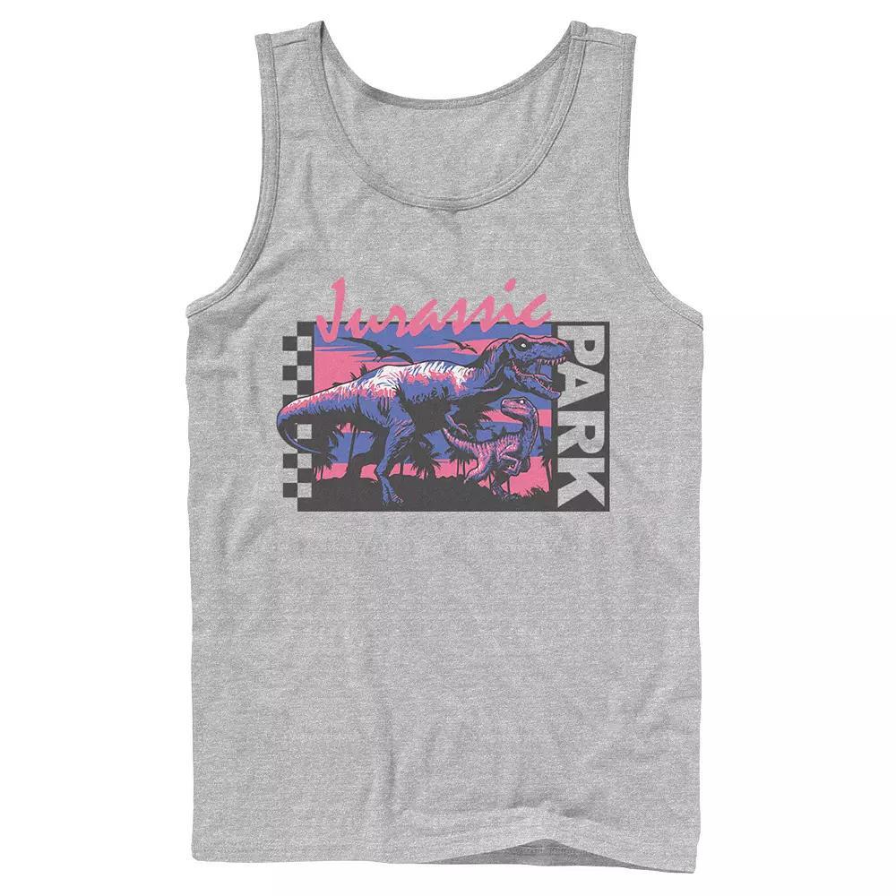 Men's Jurassic Park Checkerboard T-Rex Panel Tank Top, Size: Large, Athletic Grey Product Image