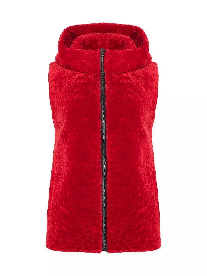 Womens Shearling Lamb Vest Hooded Reversible to Taffeta Product Image