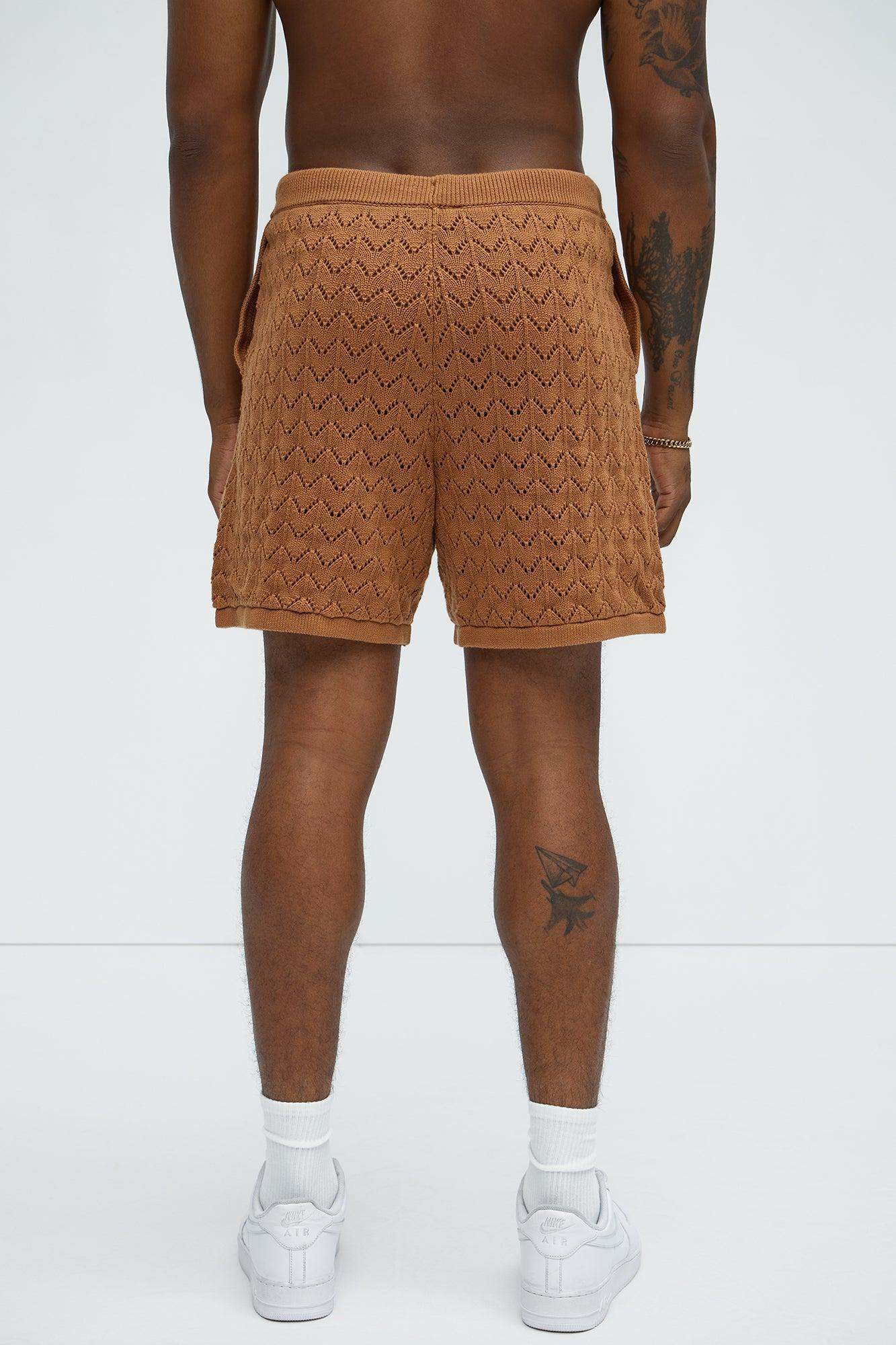 Waterfall Texture Open Knit Shorts - Brown Product Image