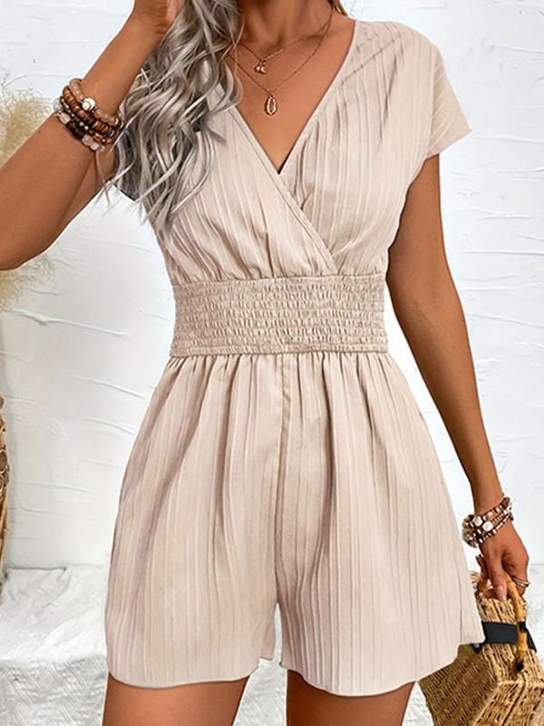 Loose Raglan Sleeve Elasticity Pleated Solid Color Split-Joint V-Neck Rompers Product Image