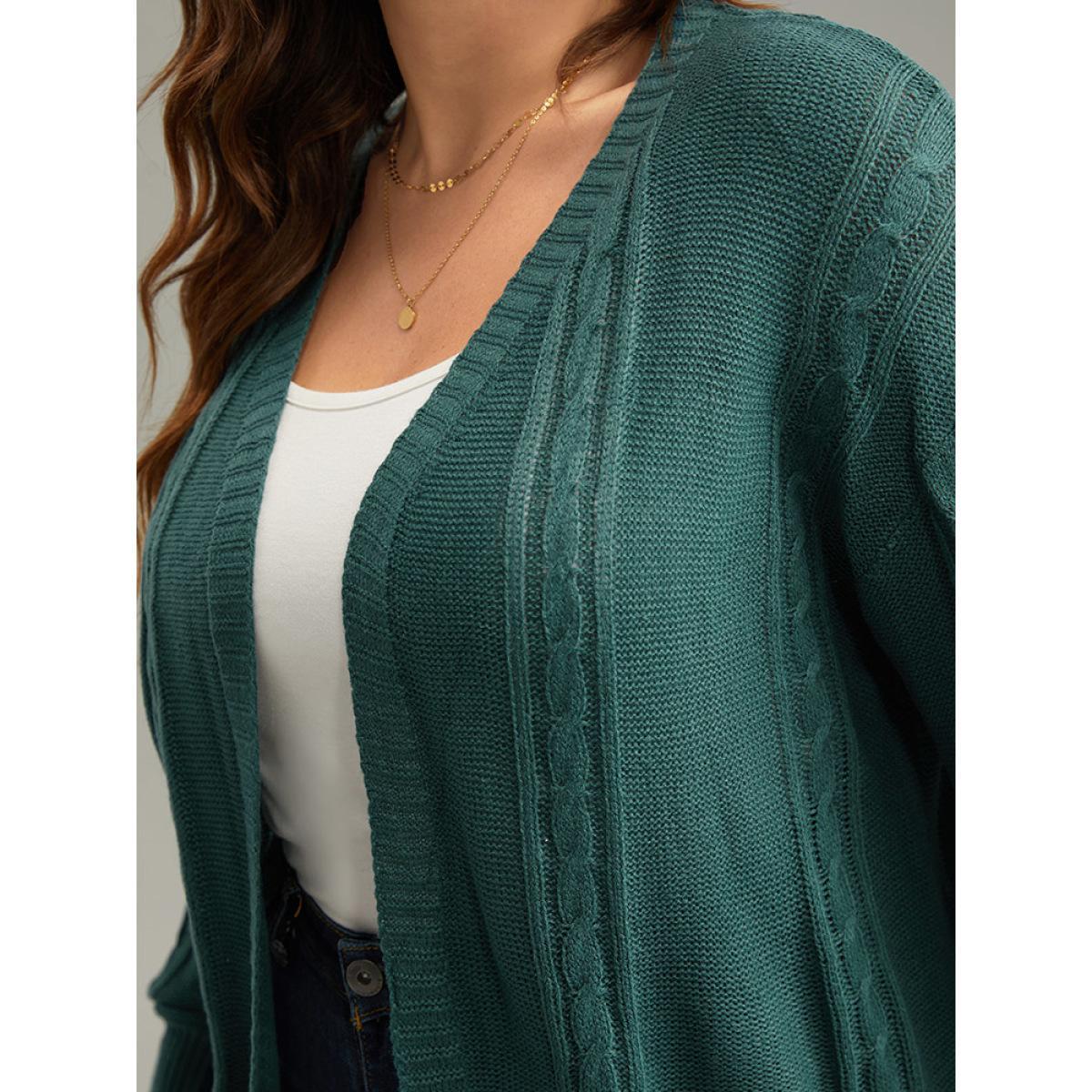 Plus Size Floral Embroidered Cable Knit Lantern Sleeve Cardigan DarkGreen Women Casual Loose Long Sleeve Dailywear Cardigans BloomChic 26/4X Product Image