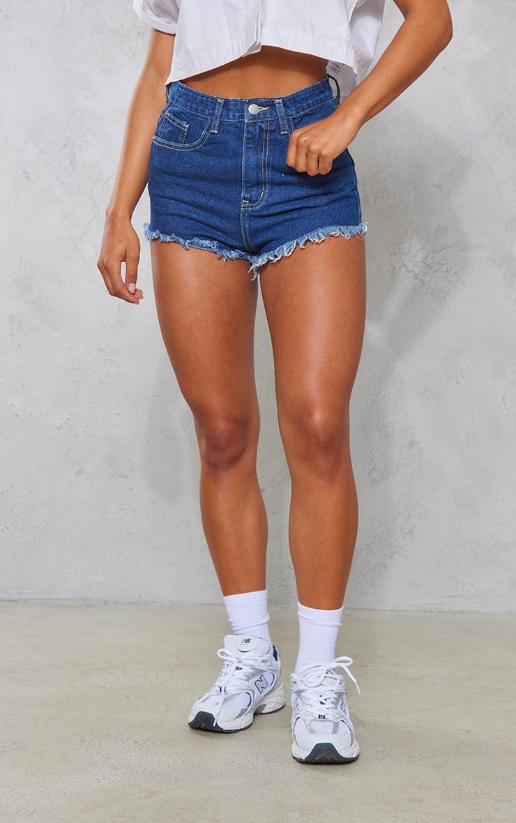 PRETTYLITTLETHING Dark Blue Wash Frayed Hem Denim Shorts Product Image