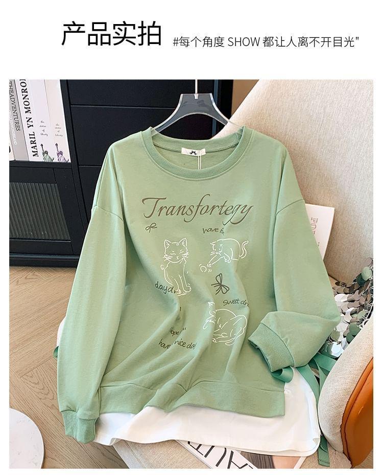 Plus Size Crew Neck Mock Two-Piece Cat Print Tie Side Sweatshirt Product Image