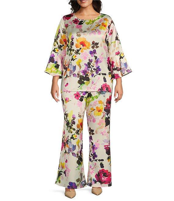 Caroline Rose Plus Size Brilliant Floral Bouquet Print Satin Scoop Neck 3/4 Soft Bell Sleeve Coordinating Tunic Product Image